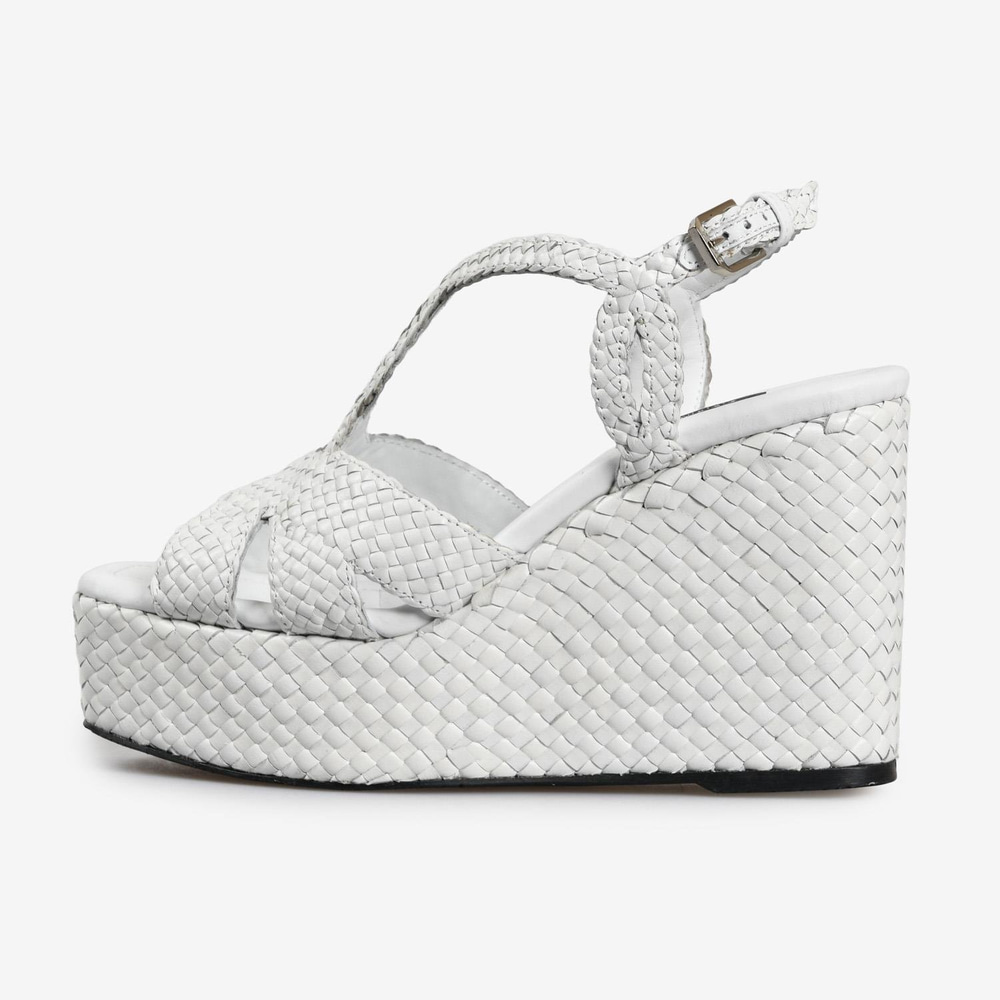 Beyaz Örgü Deri Dolgu Topuk Kadın Sandalet