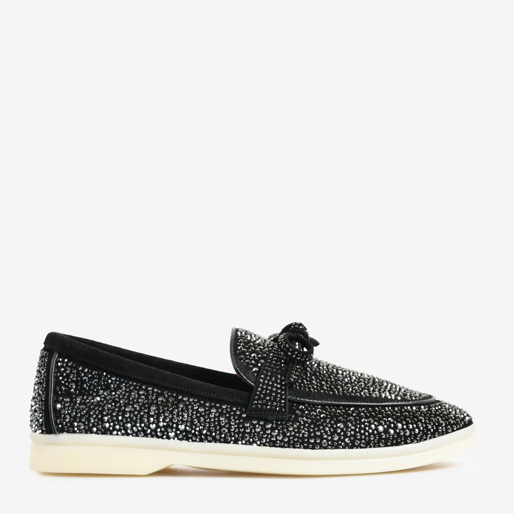 Flower Siyah Süet Taşlı Kadın Loafer