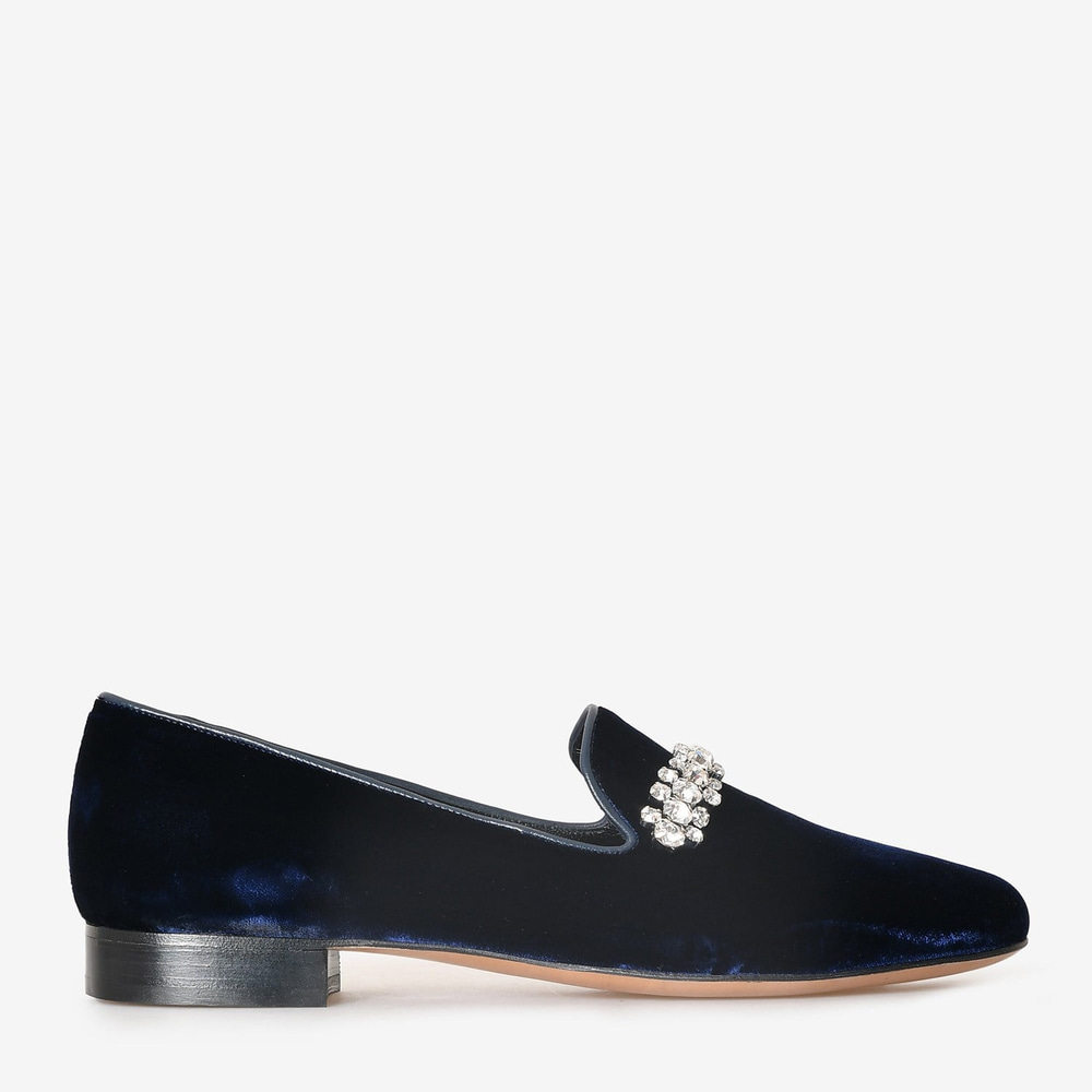 Lacivert Kadife Taşlı Kadın Loafer