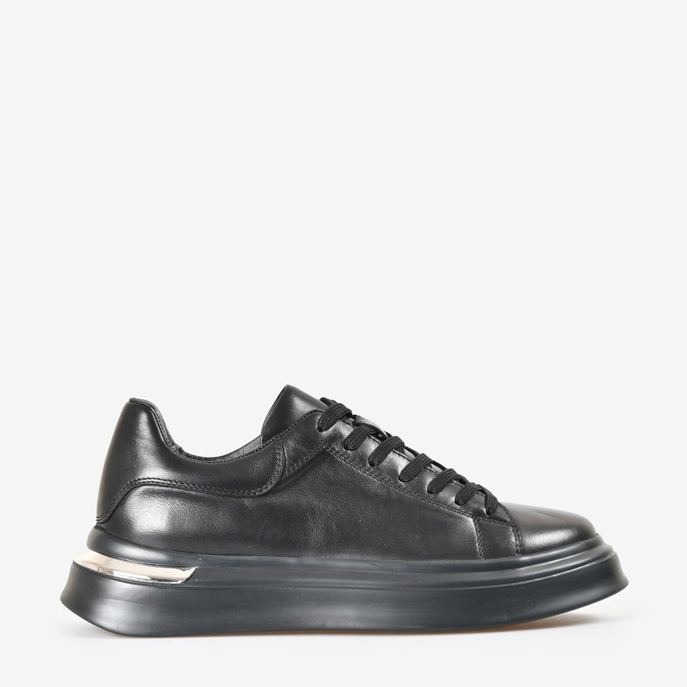 Siyah Baskılı Deri Bağcıklı Erkek Sneaker