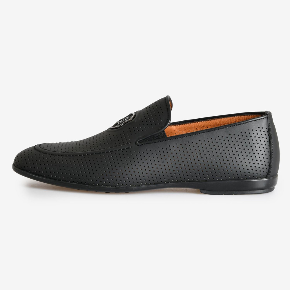 Siyah Deri Logolu Erkek Loafer
