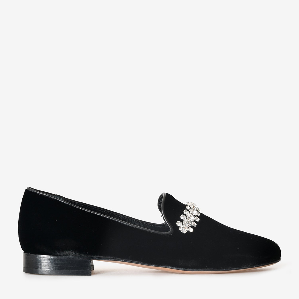 Siyah Kadife Taşlı Kadın Loafer