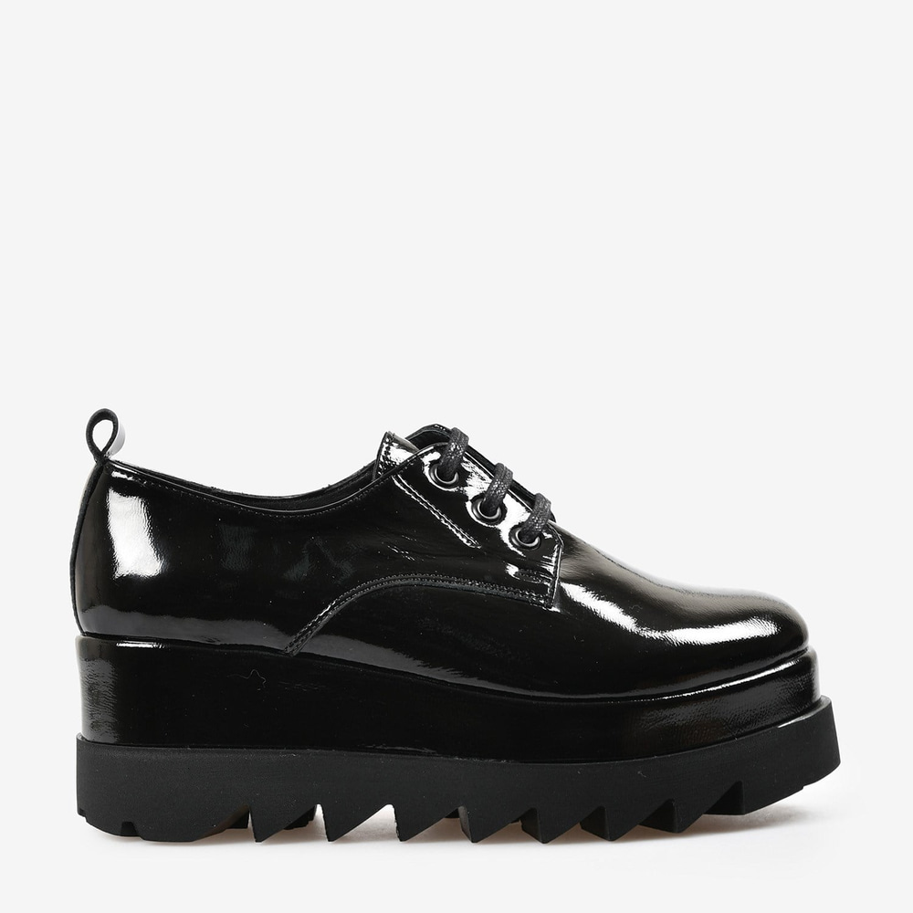 Siyah Kırışık Rugan Platform Taban Kadın Loafer