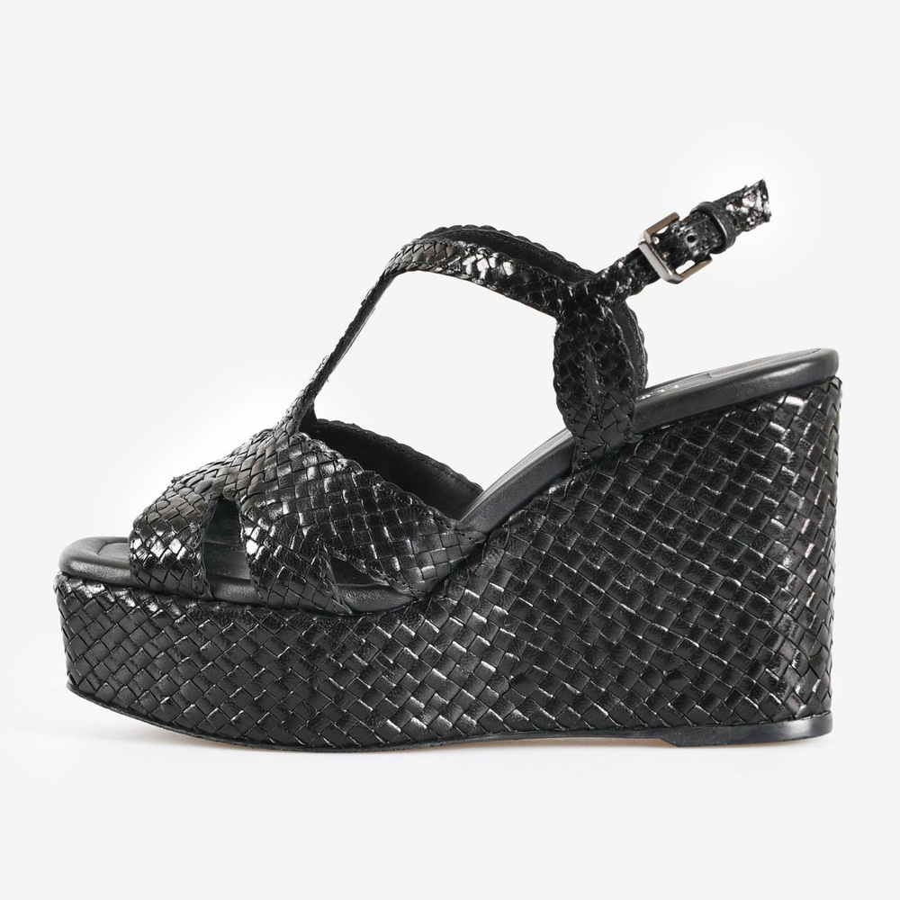 Siyah Örgü Deri Dolgu Topuk Kadın Sandalet