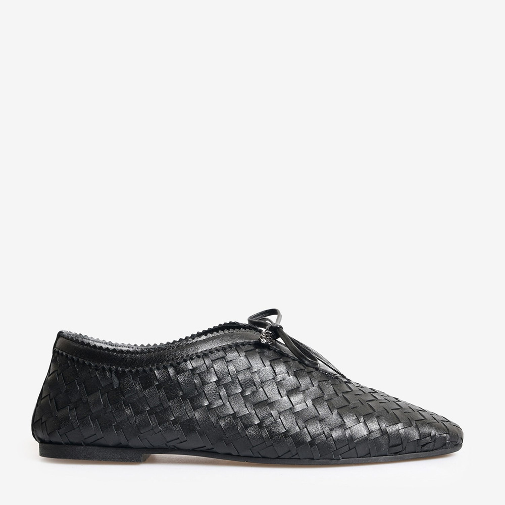 Siyah Örgü Deri Kadın Bağcıklı Loafer