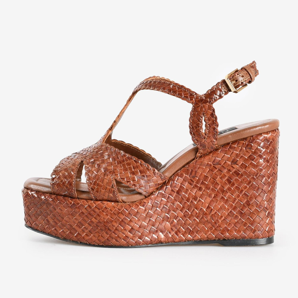 Taba Örgü Deri Dolgu Topuk Kadın Sandalet