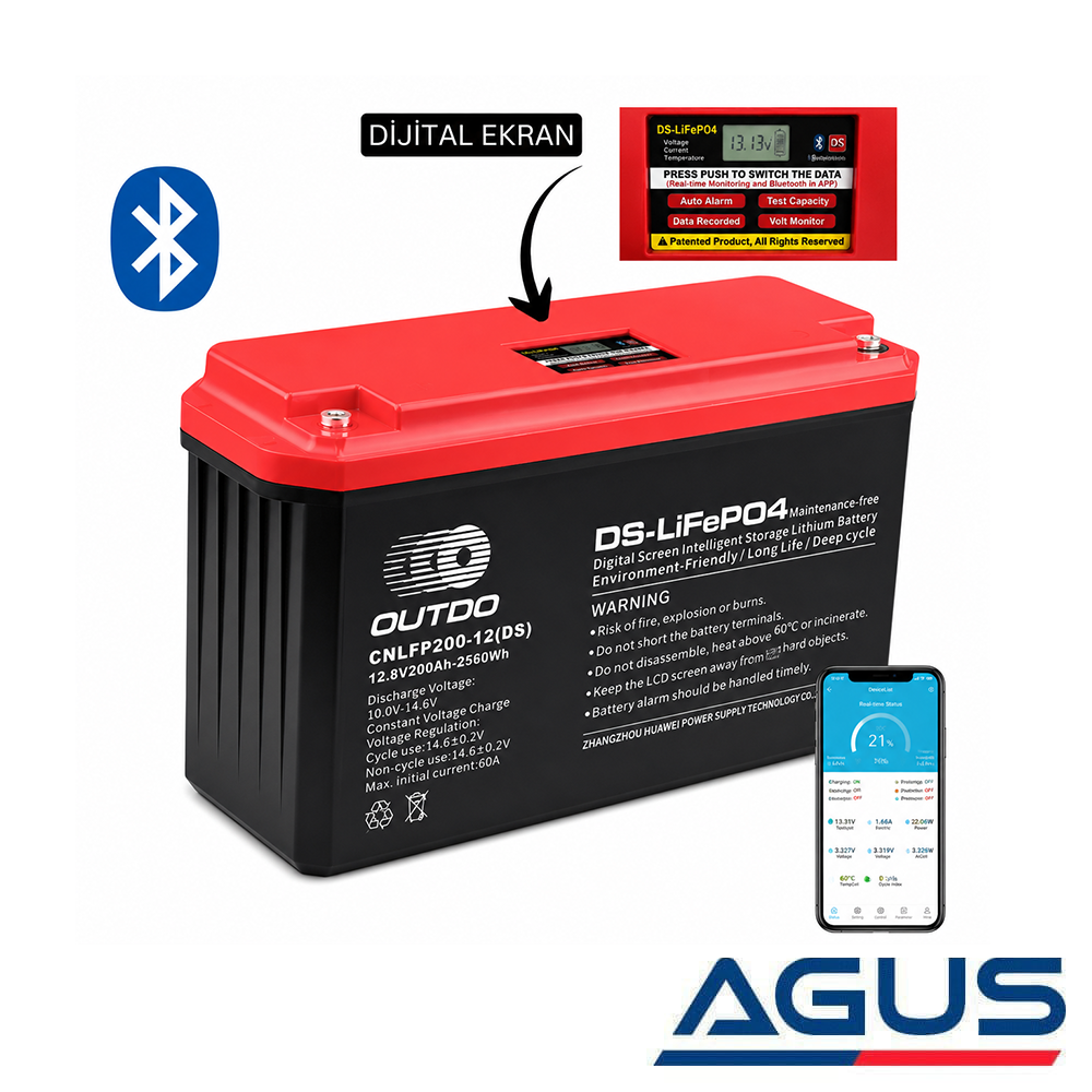 Outdo 12V Lifepo4 200Ah Dijital Ekranlı Smart Lityum Akü 