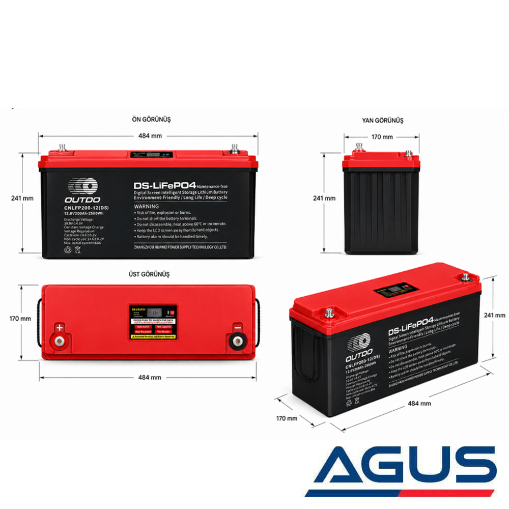 Outdo 12V Lifepo4 200Ah Dijital Ekranlı Smart Lityum Akü 