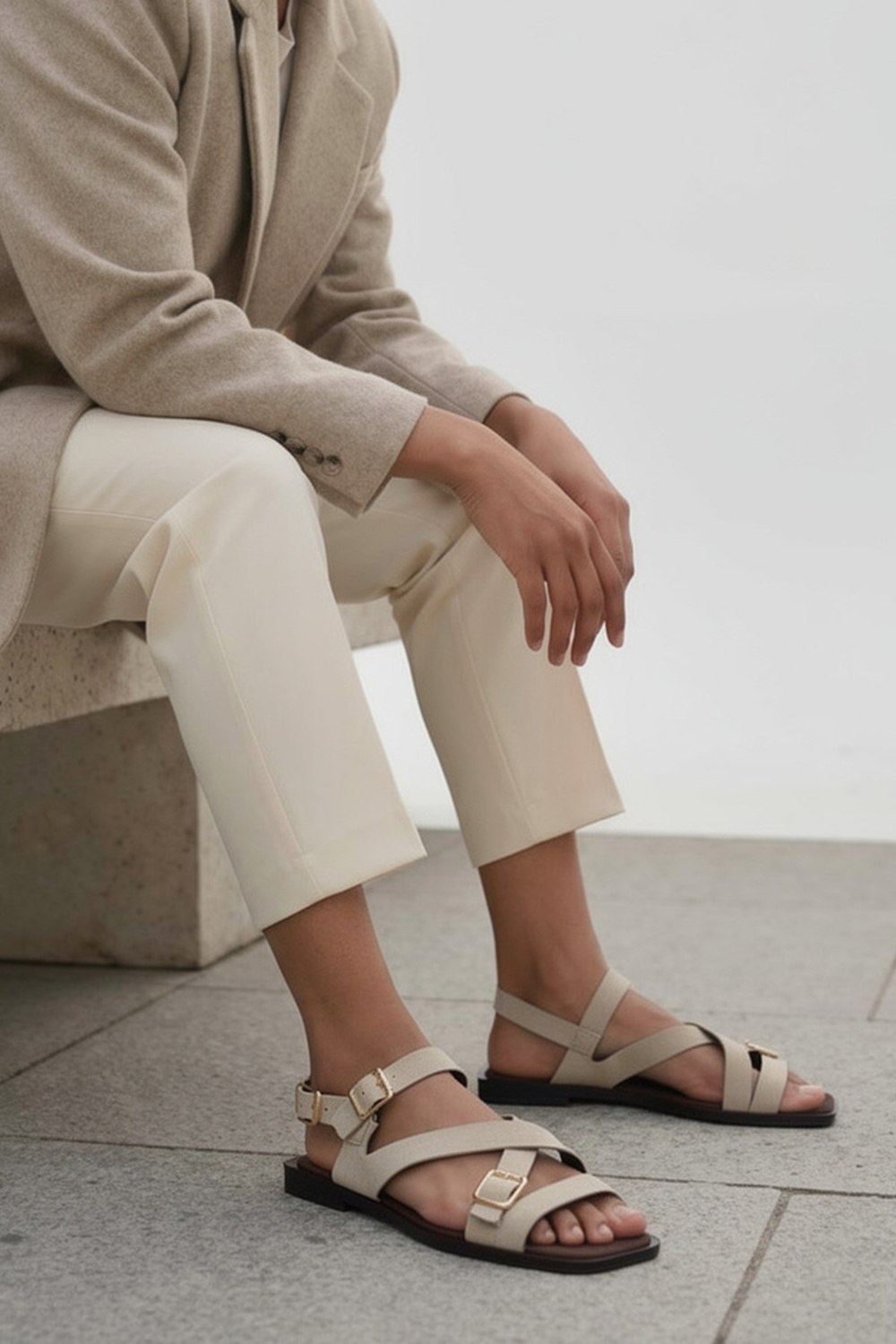 NİNA ÇİFT TOKA DETAYLI İTHAL MODEL KADIN SANDALET BEJ