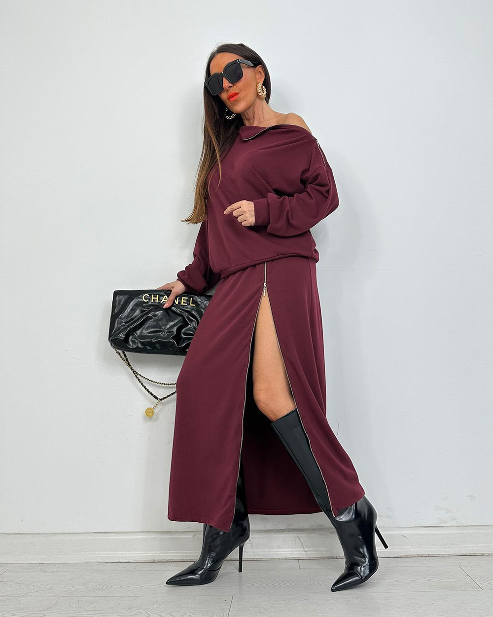 Fermuarlı Triko Takım Bordo
