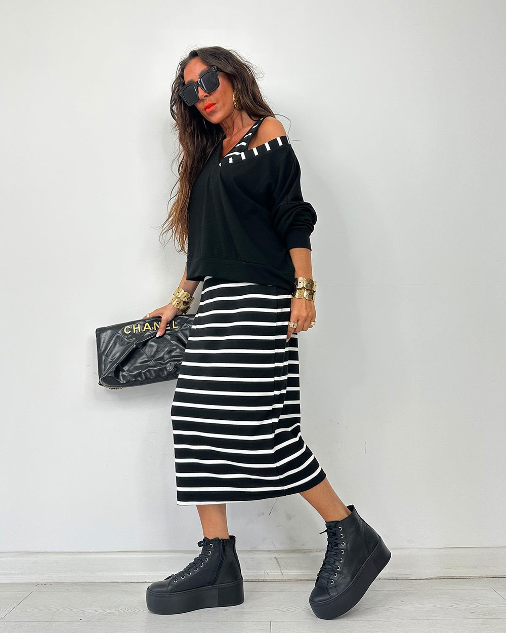 Lina Çizgili İkili Elbise Siyah