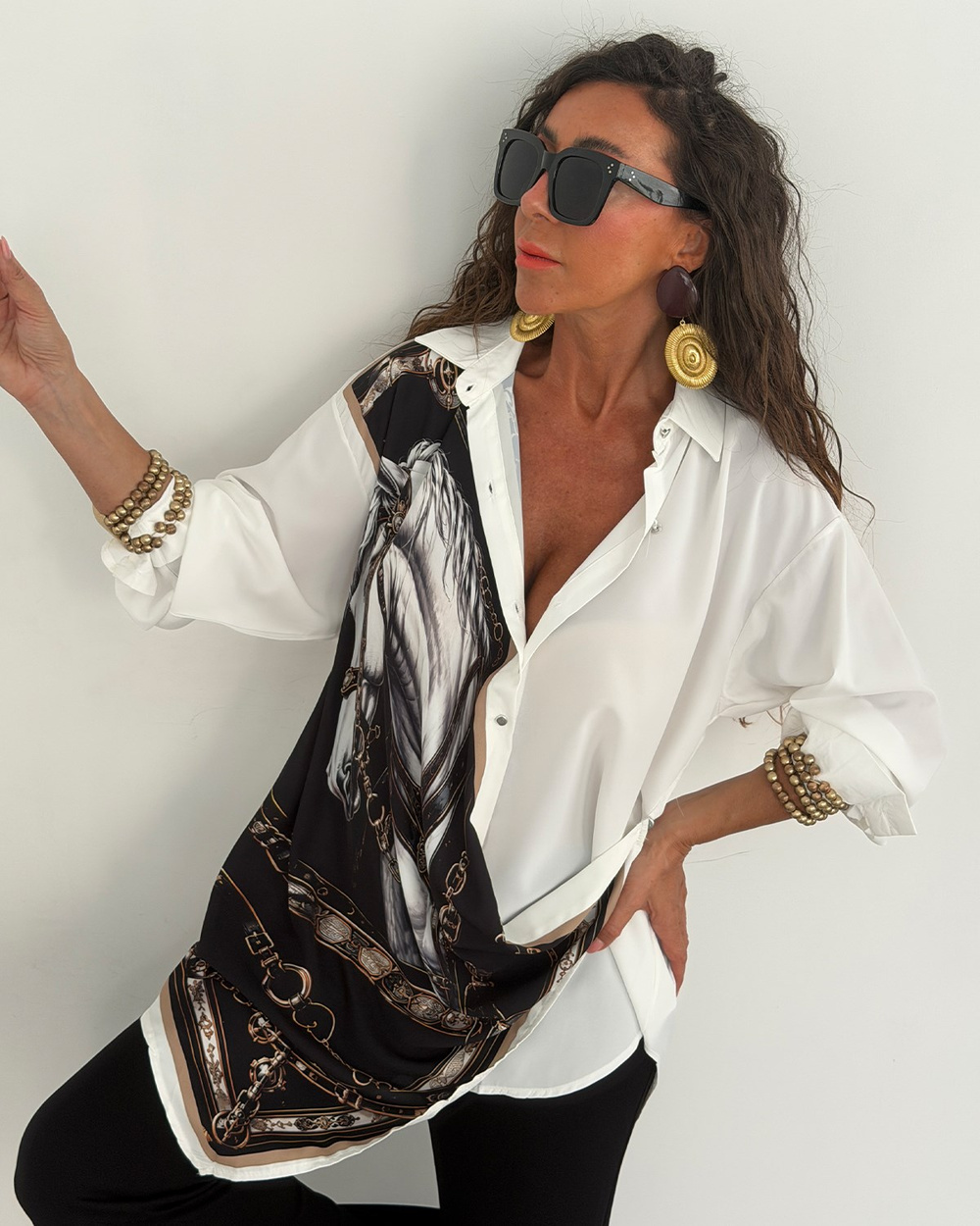 Sandra Gömlek Beyaz At Baskılı
