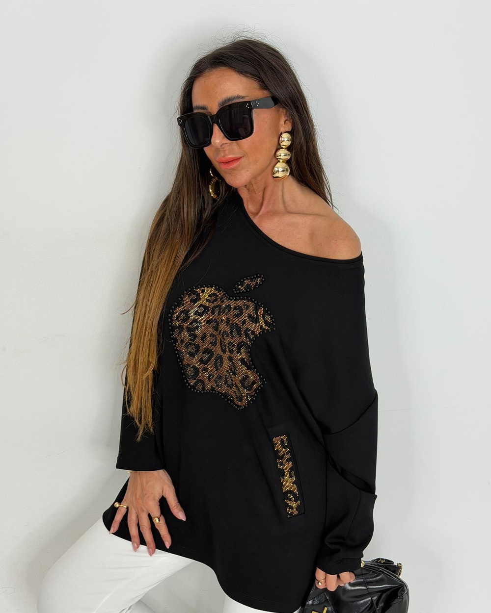 Taşlı Elmalı Tunik Siyah Gold
