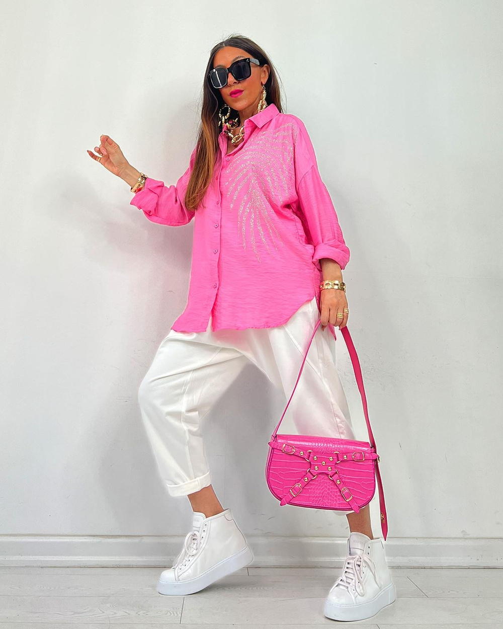 Taşlı Yaprak Desenli Gömlek Pembe