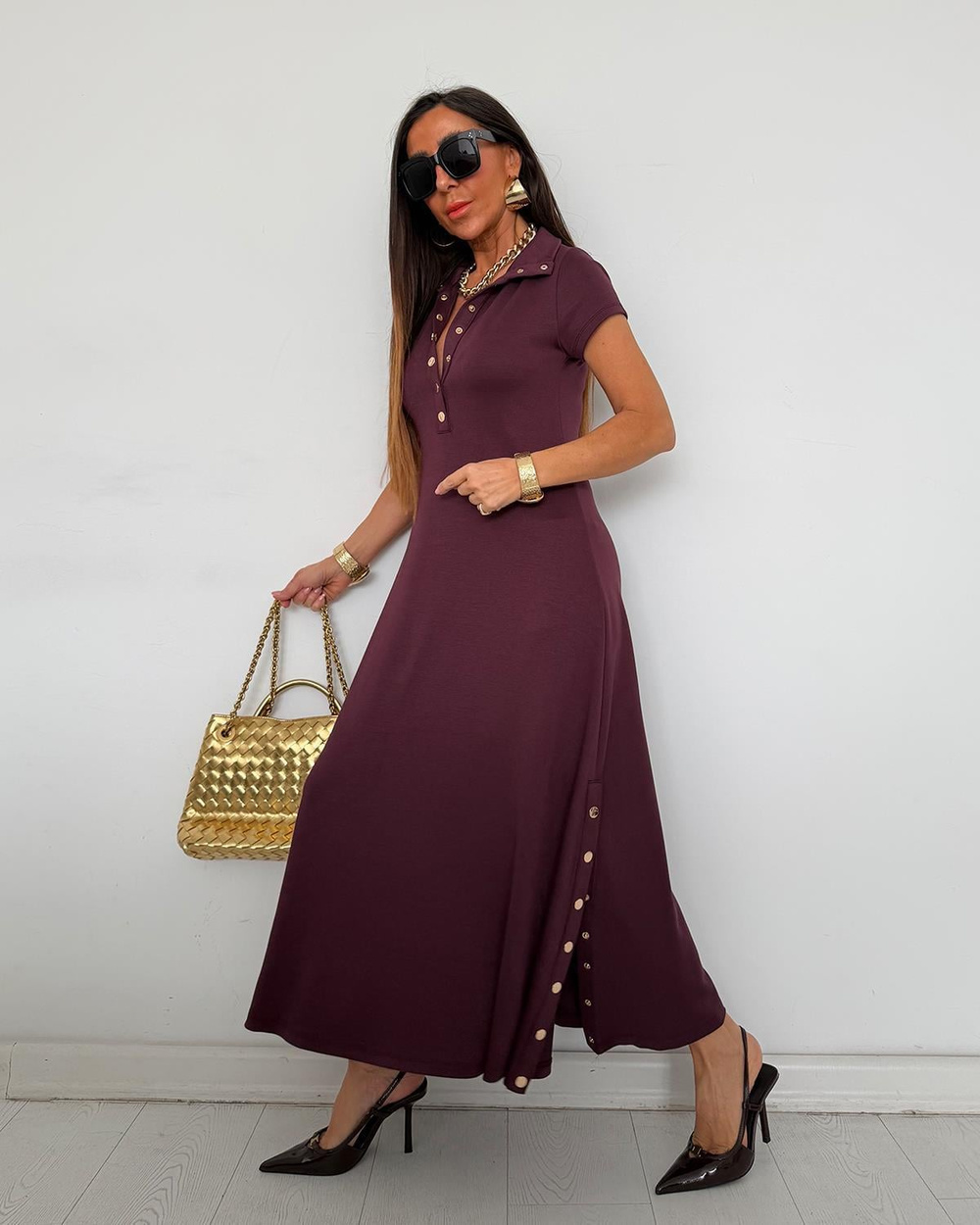 Tinos Çıtçıtlı Elbise Mürdüm