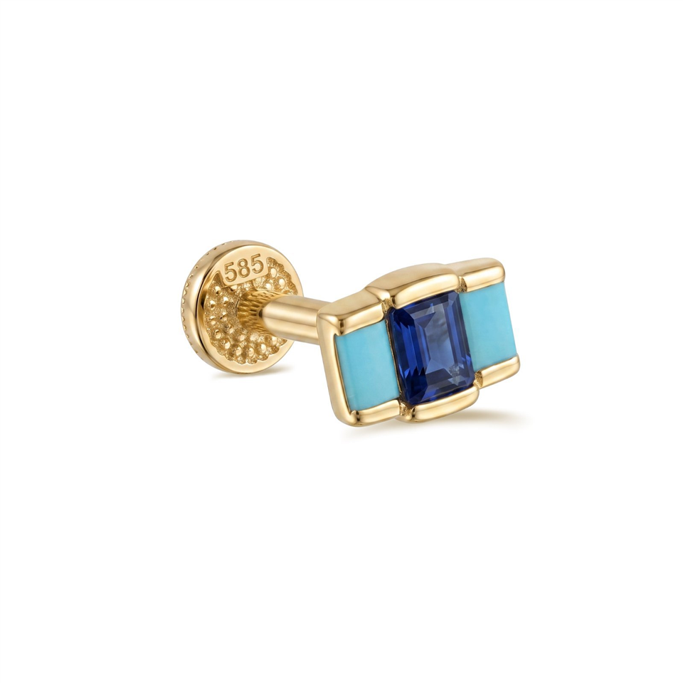 14 Ayar Altın 3 Baget Firuze Rengi ve Lacivert Taşlı Göz Minimal Tragus Piercing - Dianora Piercing Jewelry