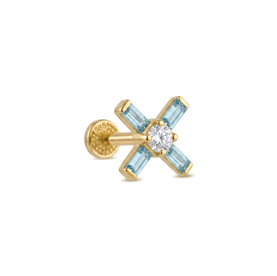 14 Ayar Altın Aqua Baget Taşlı Minimal Tragus Piercing - Dianora Piercing Jewelry