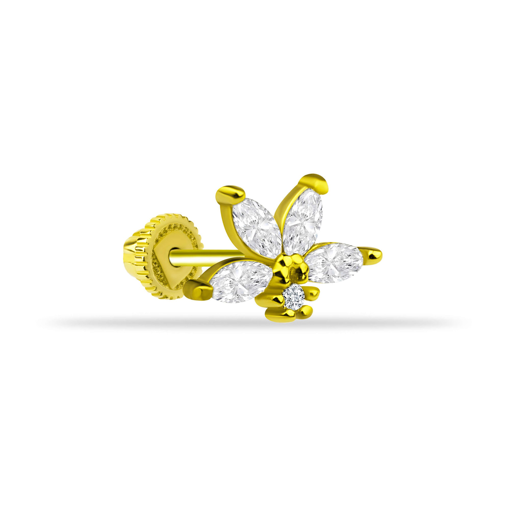 14 Ayar Altın Baget Taşlı Motifli Helix/Kıkırdak Piercing - Dianora Piercing