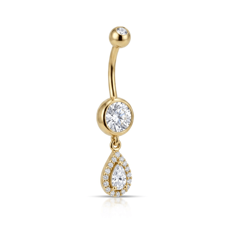 14 Ayar Altın Damla Taş Sallantılı Göbek Piercing - Dianora Piercing Jewelry