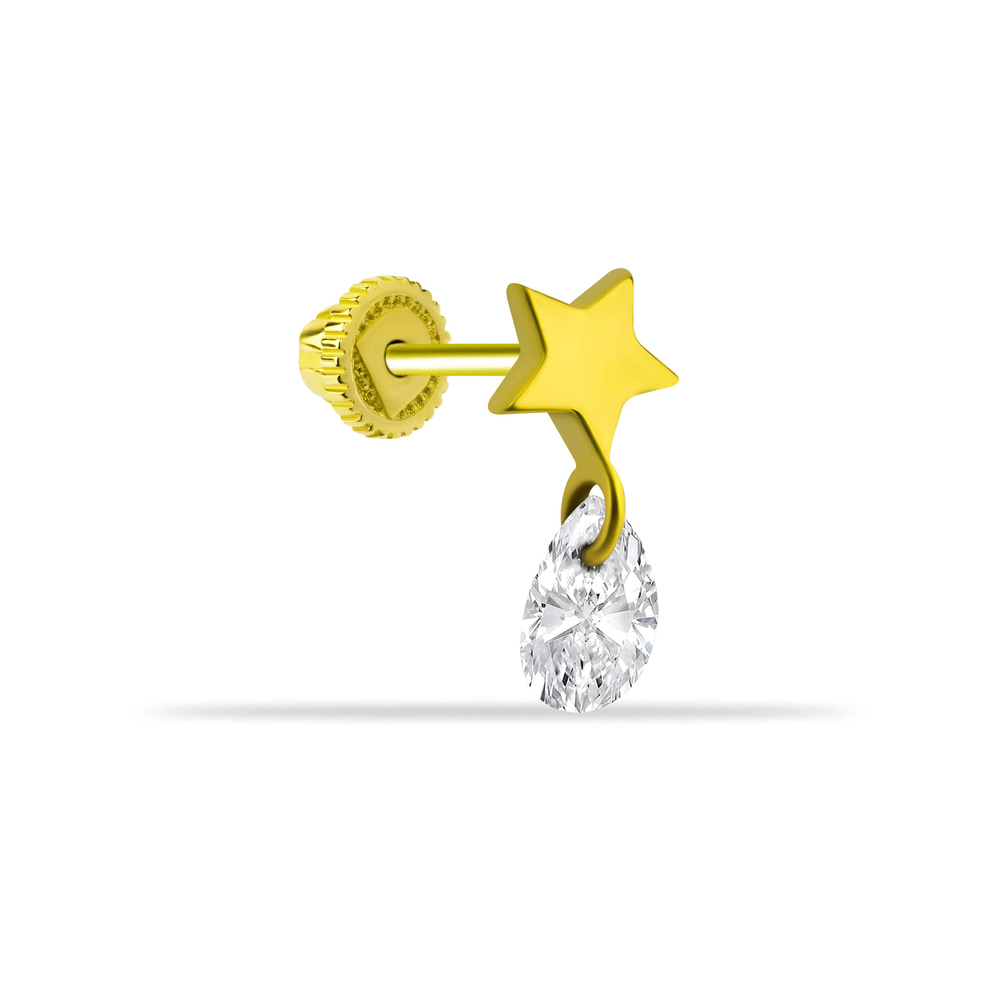 14 Ayar Altın Damla Taş Sallantılı Helix Kıkırdak Piercing - Dianora Piercing