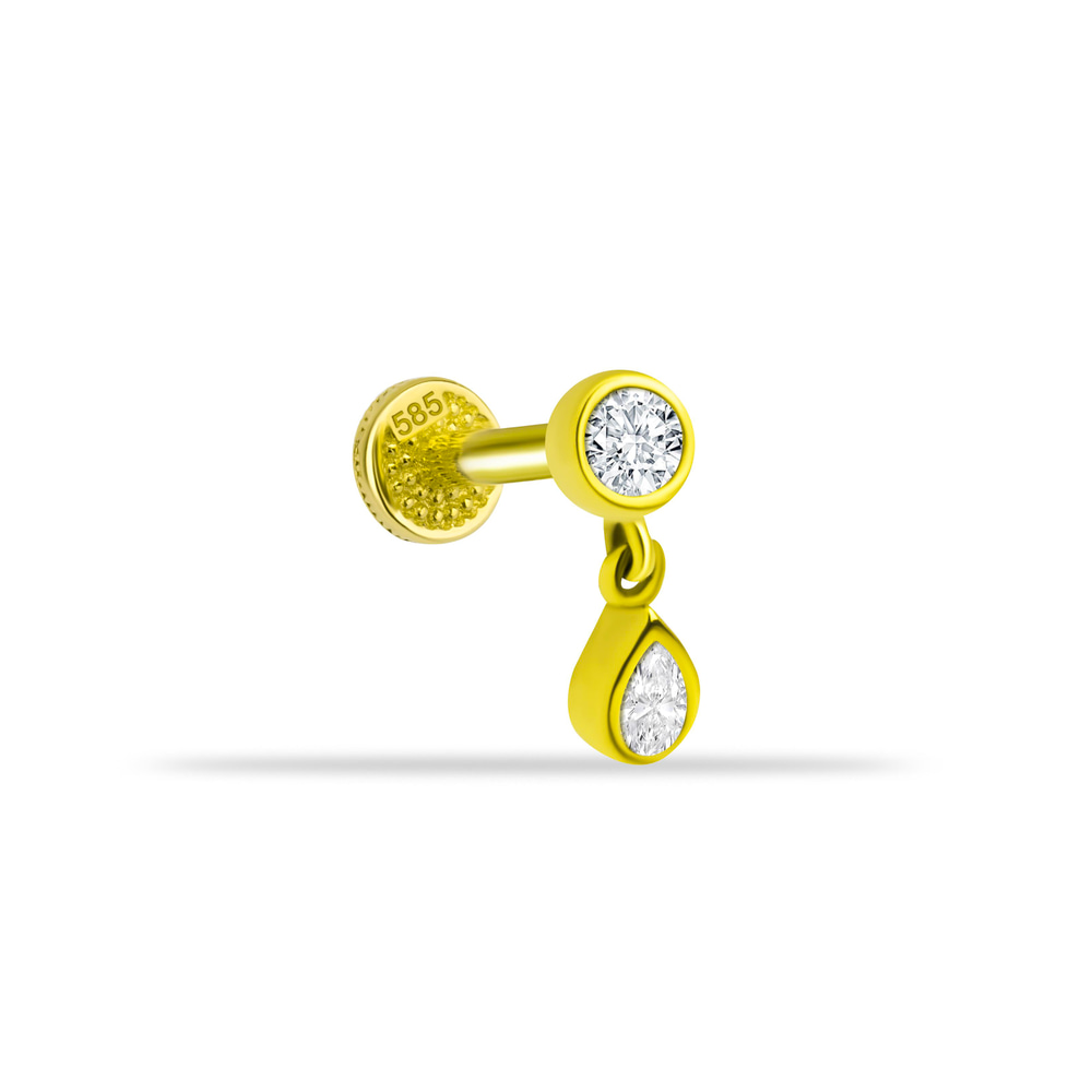 14 Ayar Altın Damla Taşlı Sallantılı Minimal Tragus Piercing - Dianora Piercing
