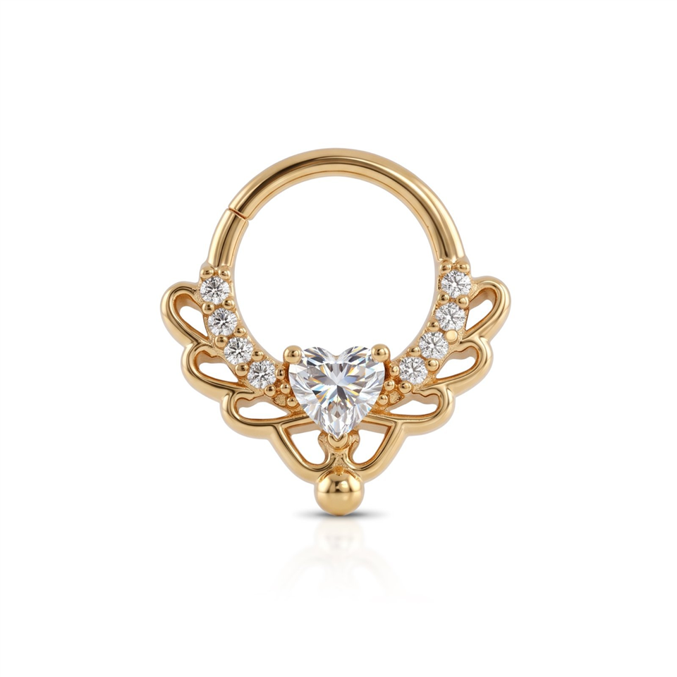 14 Ayar Altın Kalp Taşlı Minimal Halka Piercing - Dianora Piercing Jewelry