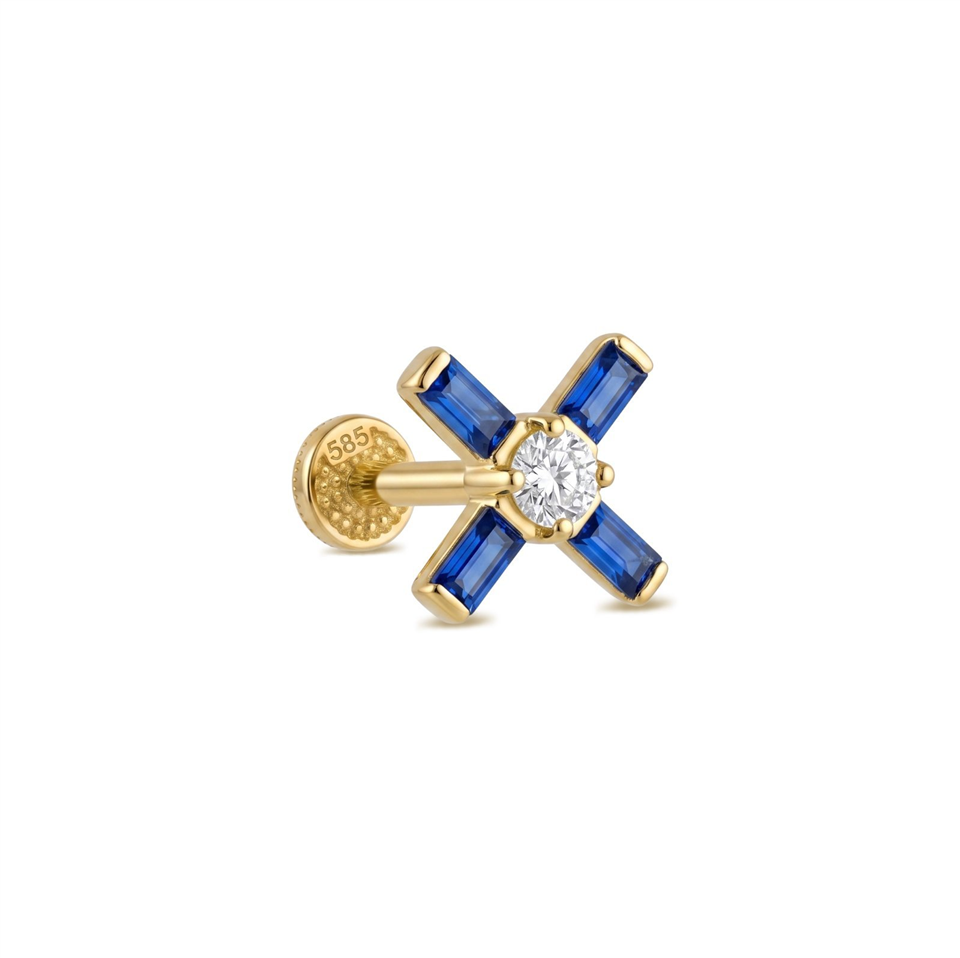14 Ayar Altın Lacivert Baget Taşlı Minimal Tragus Piercing - Dianora Piercing Jewelry