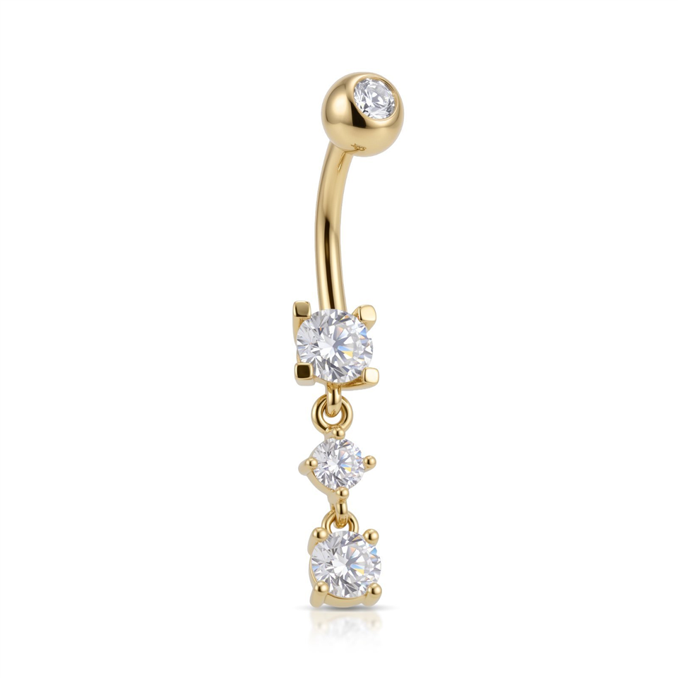14 Ayar Altın Sallantılı Üç Taşlı Göbek Piercing - Dianora Piercing Jewelry