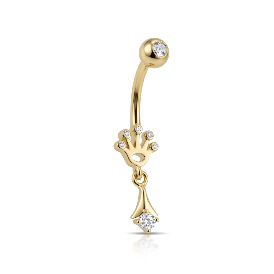 14 Ayar Altın Taç ve Zarafet İğnesi Sallantılı Göbek Piercing - Dianora Piercing Jewelry