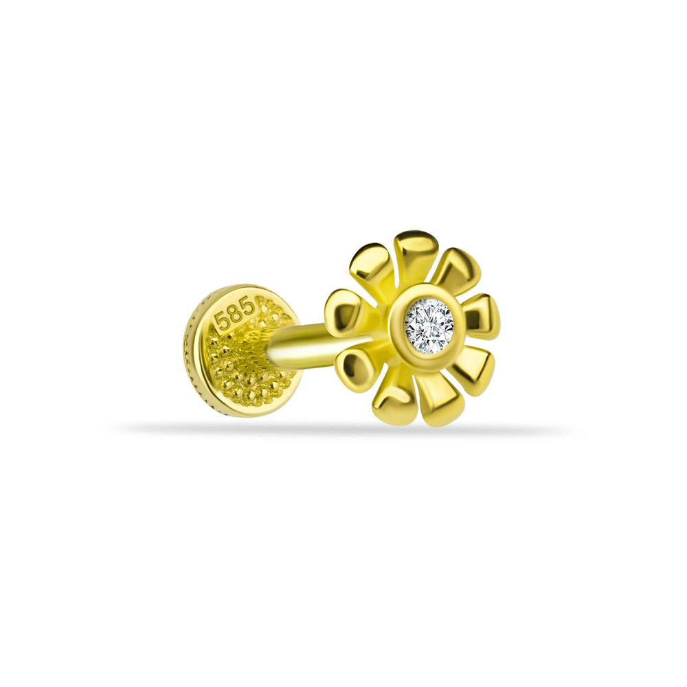 14 Ayar Altın Taşlı Çiçek  Minimal Tragus Piercing - Dianora Piercing