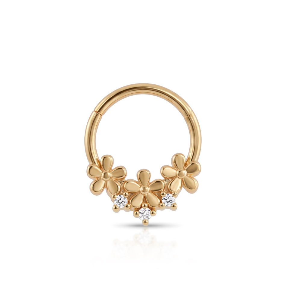 14 Ayar Altın Taşlı Çiçek Motifli Minimal Halka Piercing - Dianora Piercing Jewelry