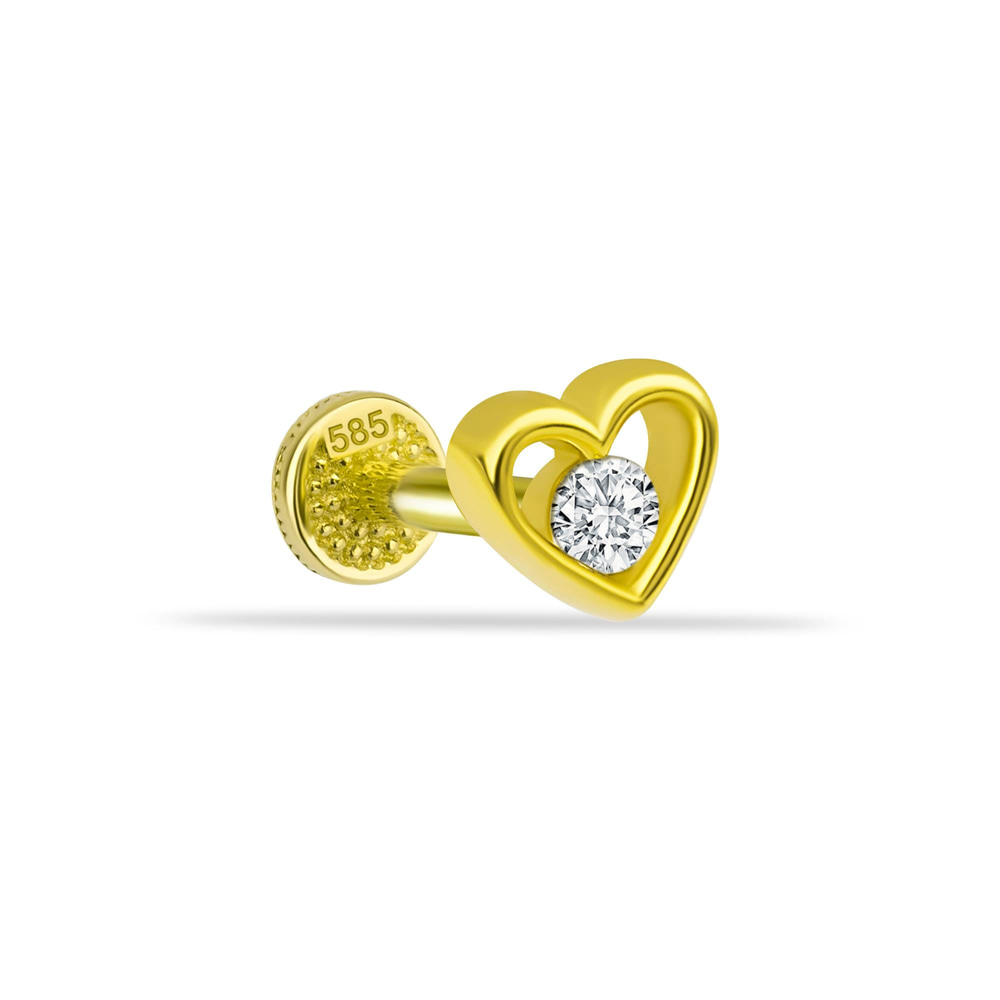 14 Ayar Altın Taşlı Kalp Minimal Tragus Piercing - Dianora Piercing