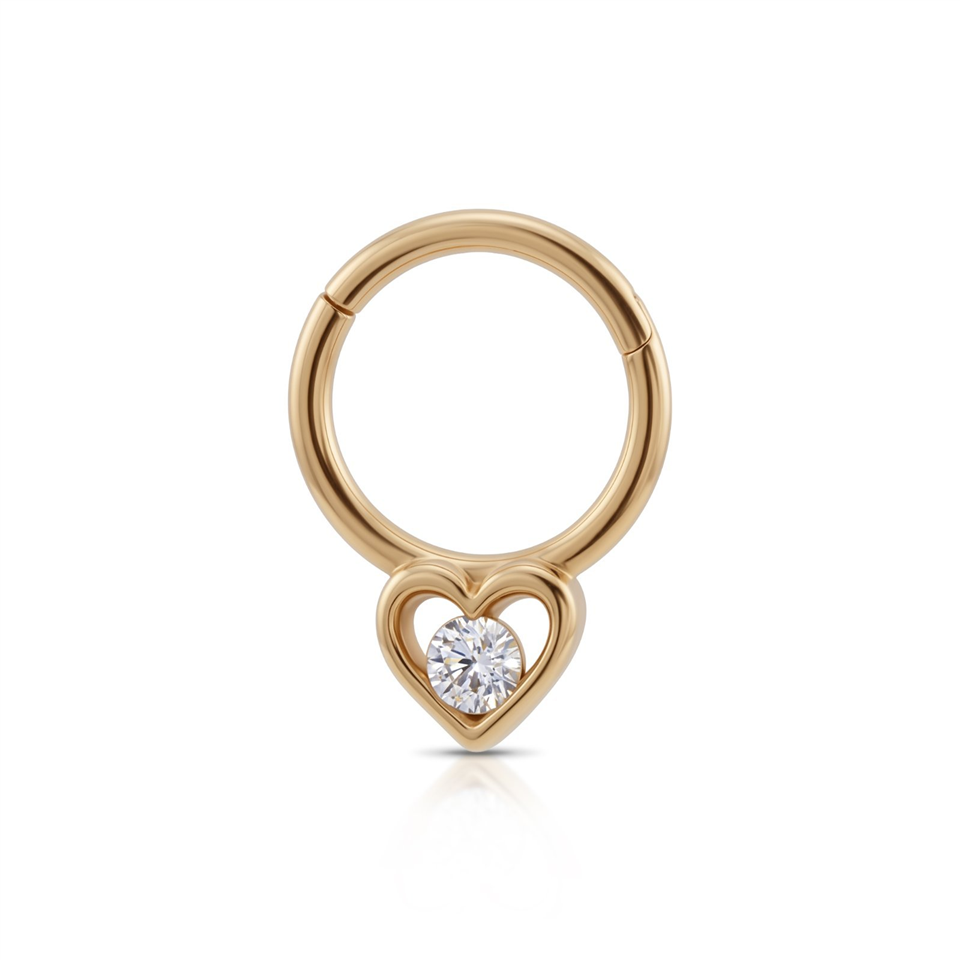 14 Ayar Altın Taşlı Kalp Motifli Halka Piercing - Dianora Piercing Jewelry