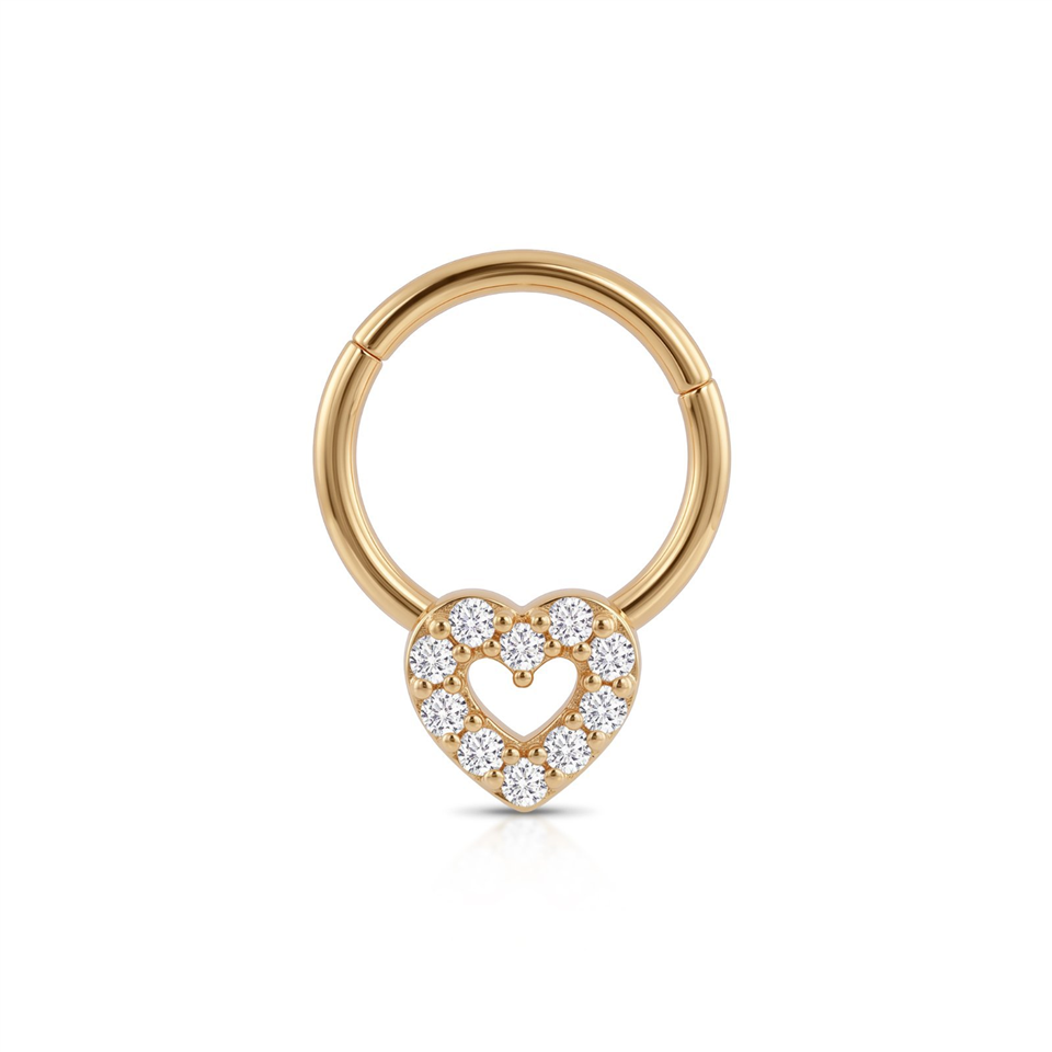 14 Ayar Altın Taşlı Kalp Motifli Halka Piercing - Dianora Piercing Jewelry
