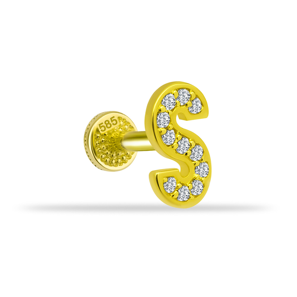 14 Ayar Altın Taşlı Kalp Sallantılı Minimal Tragus Piercing - Dianora Piercing