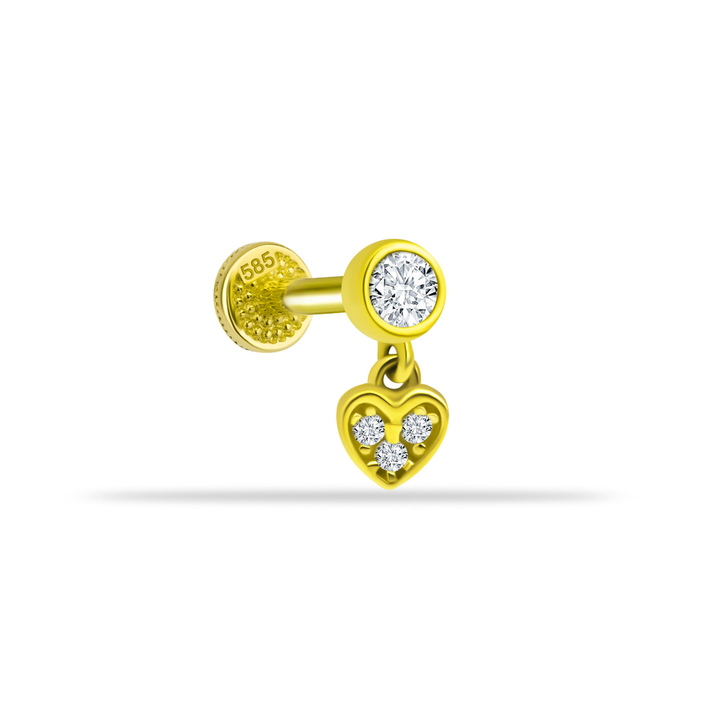14 Ayar Altın Taşlı Kalp Sallantılı Minimal Tragus Piercing - Dianora Piercing
