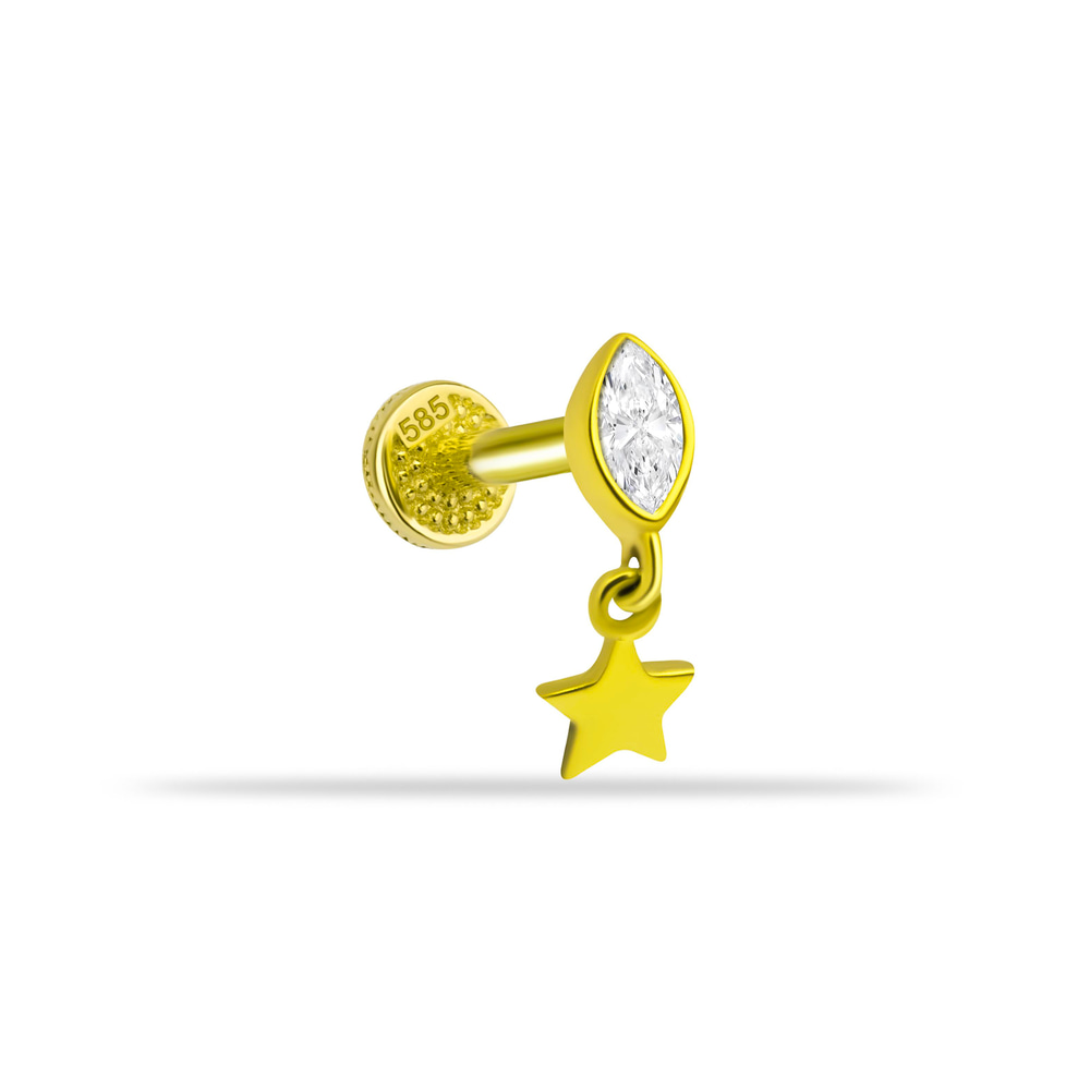 14 Ayar Altın Taşlı Kalp Sallantılı Minimal Tragus Piercing - Dianora Piercing