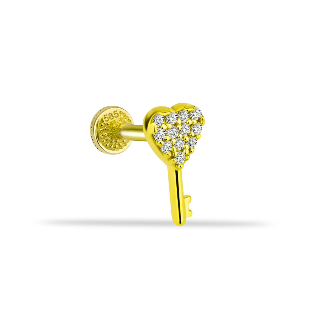 14 Ayar Altın Taşlı Kalpli Yıldız Sallantılı Minimal Tragus Piercing - Dianora Piercing
