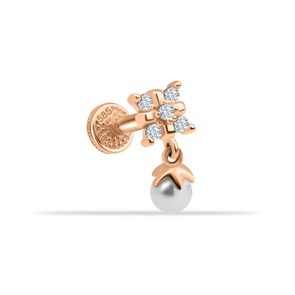 14 Ayar Altın Taşlı Kalpli Yıldız Sallantılı Minimal Tragus Piercing - Dianora Piercing