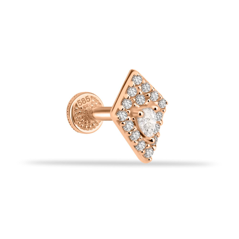 14 Ayar Altın Taşlı Kalpli Yıldız Sallantılı Minimal Tragus Piercing - Dianora Piercing