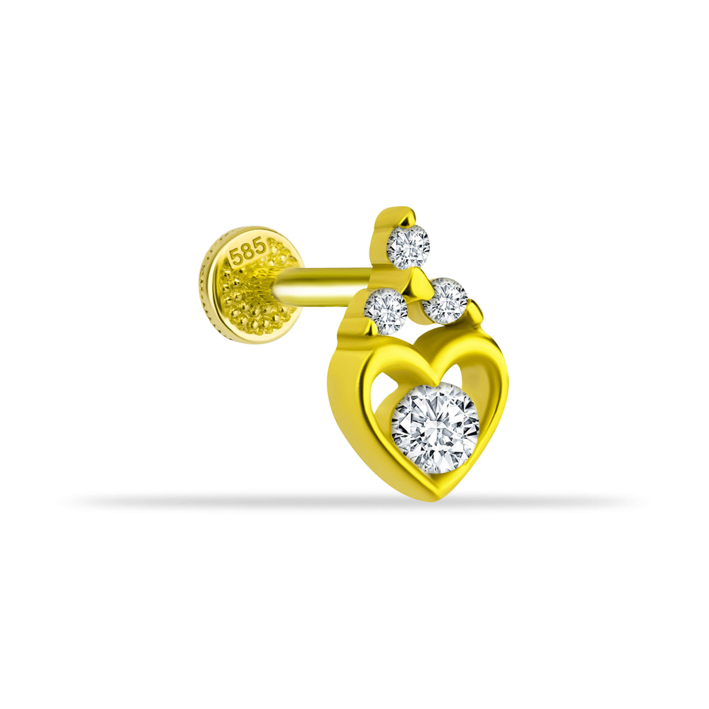 14 Ayar Altın Taşlı Kalpli Yıldız Sallantılı Minimal Tragus Piercing - Dianora Piercing