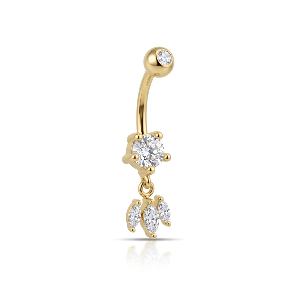 14 Ayar Altın Tektaşlı Baget Taş Sallantılı Göbek Piercing - Dianora Piercing Jewelry