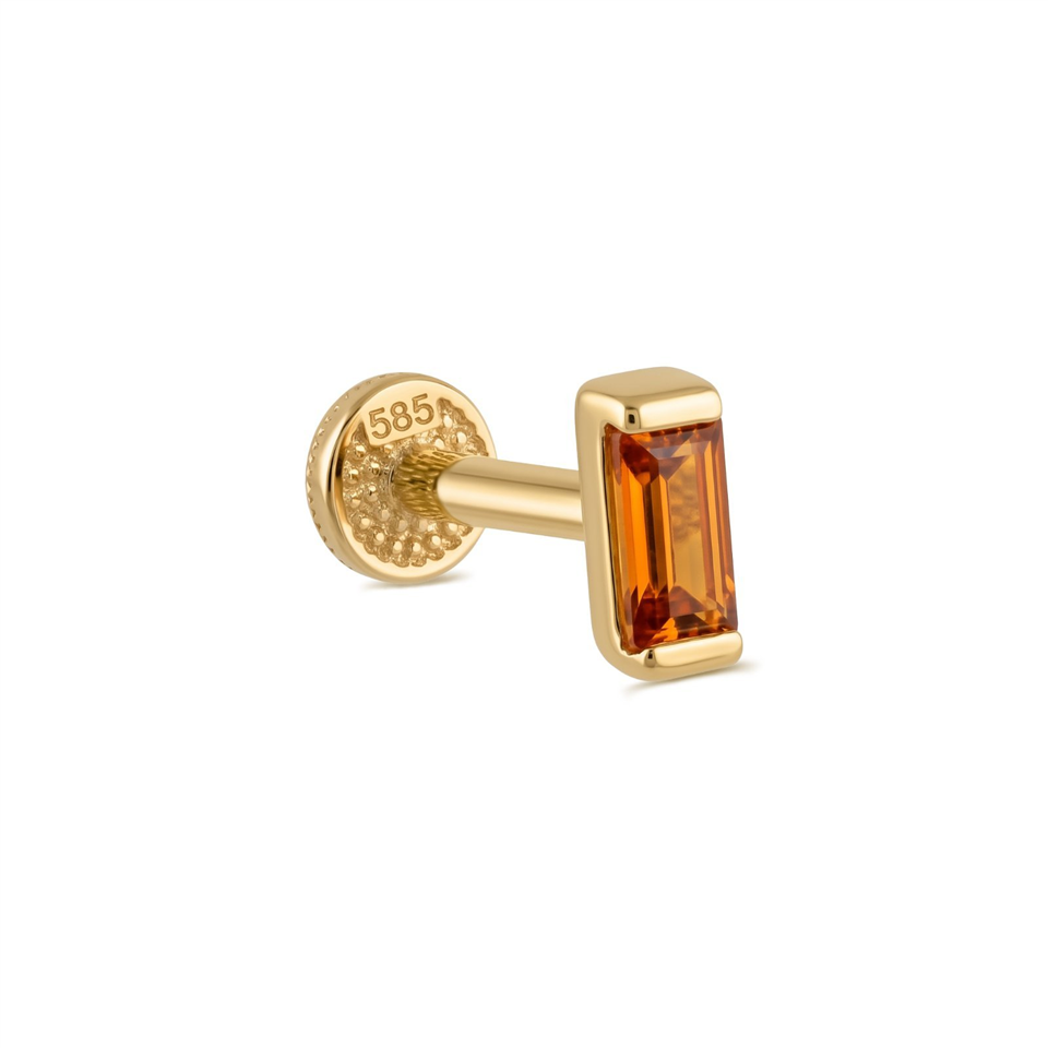 14 Ayar Altın Turuncu Baget Taşlı Minimal Tragus Piercing - Dianora Piercing Jewelry