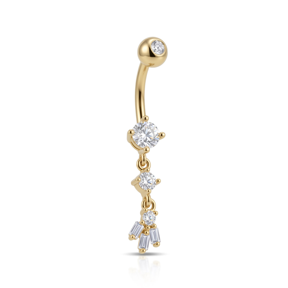 14 Ayar Altın Üçlü Sallantılı Baget Taşlı Göbek Piercing - Dianora Piercing Jewelry