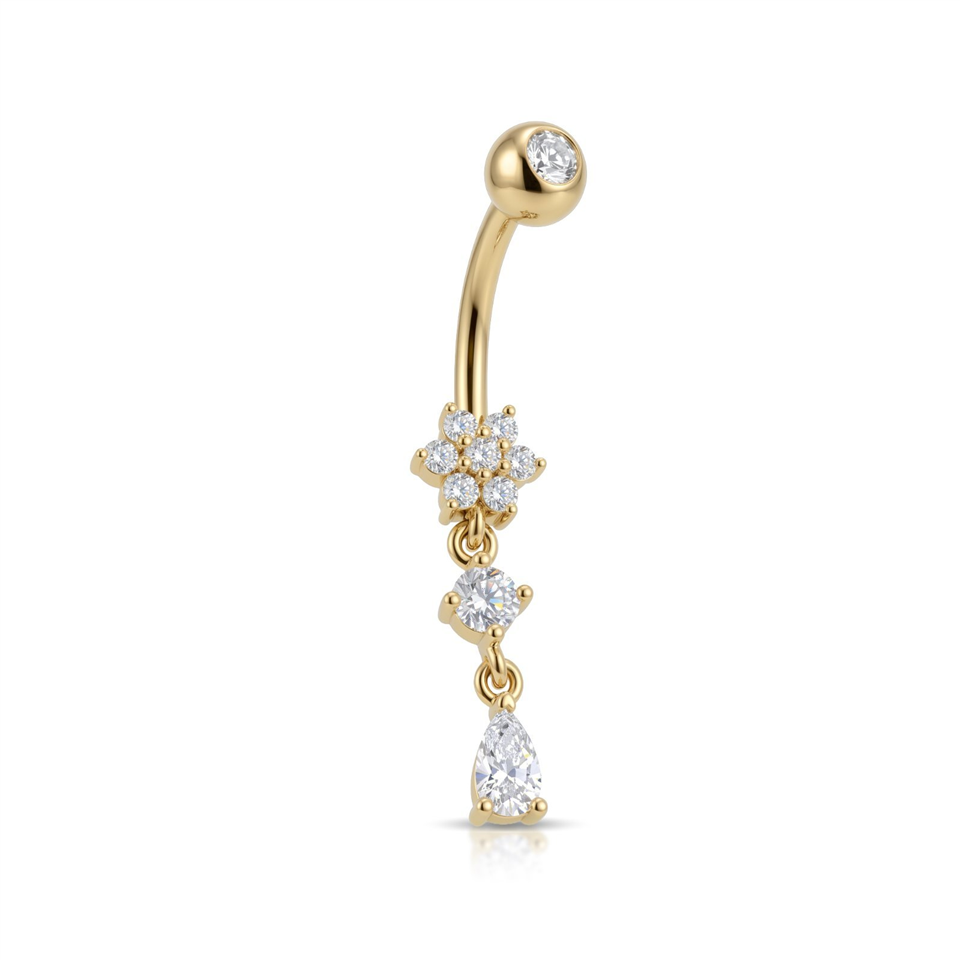 14 Ayar Altın Üçlü Sallantılı Çiçek Göbek Piercing - Dianora Piercing Jewelry