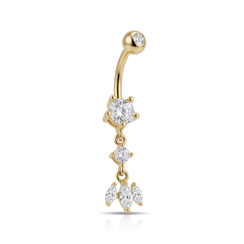 14 Ayar Altın Üçlü Sallantılı Markiz Taşlı Göbek Piercing - Dianora Piercing Jewelry
