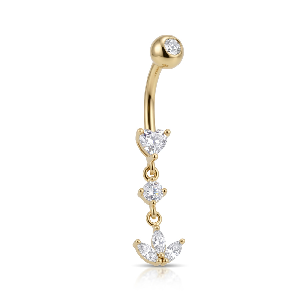14 Ayar Altın Üçlü Sallantılı Taşlı Lotus Göbek Piercing - Dianora Piercing Jewelry