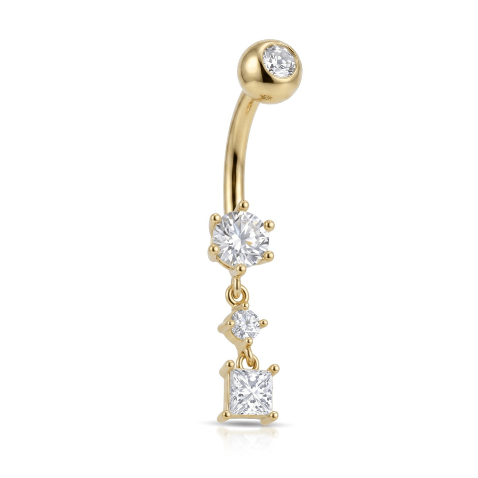 14 Ayar Altın Üçlü Sallantılı Tektaşlı Göbek Piercing - Dianora Piercing Jewelry