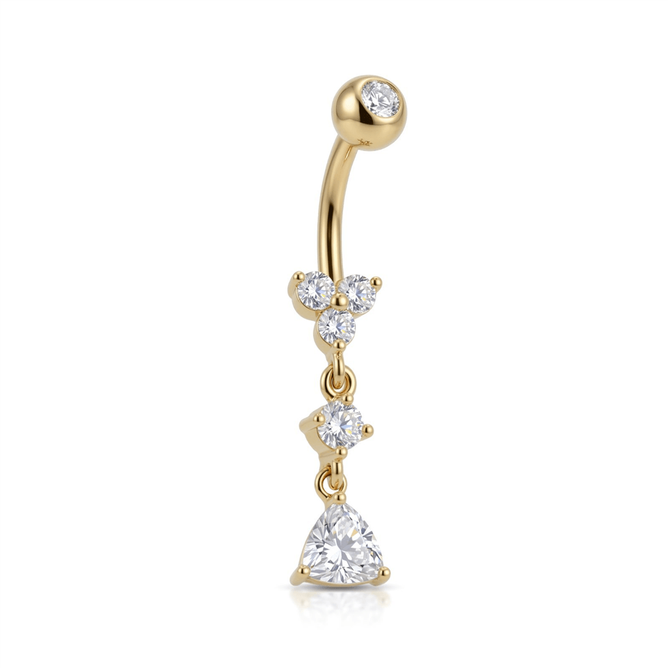 14 Ayar Altın Üçlü Sallantılı Üçgen Taşlı Göbek Piercing - Dianora Piercing Jewelry