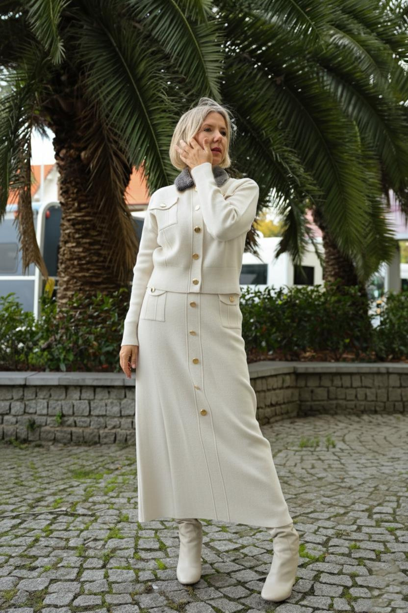 TRİKO 24036 YAKASI KÜRKLÜ HIRKA VE ETEK TAKIM